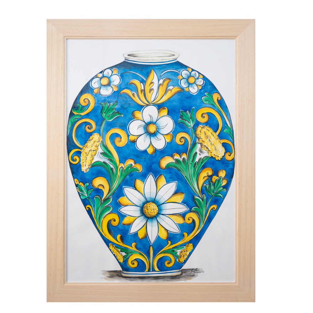 Acquerello Vaso fiori e ornato blu