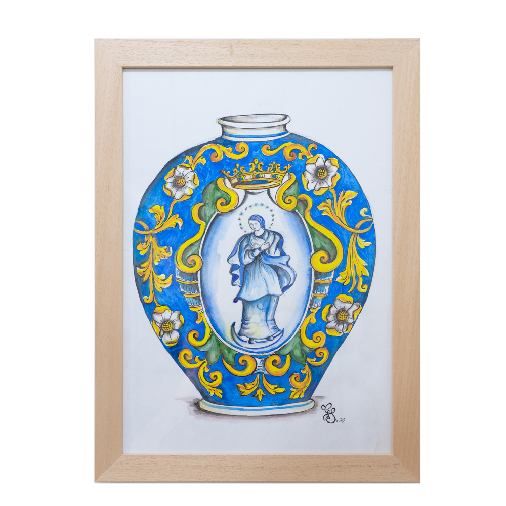 Acquerello Vaso con decoro Madonna
