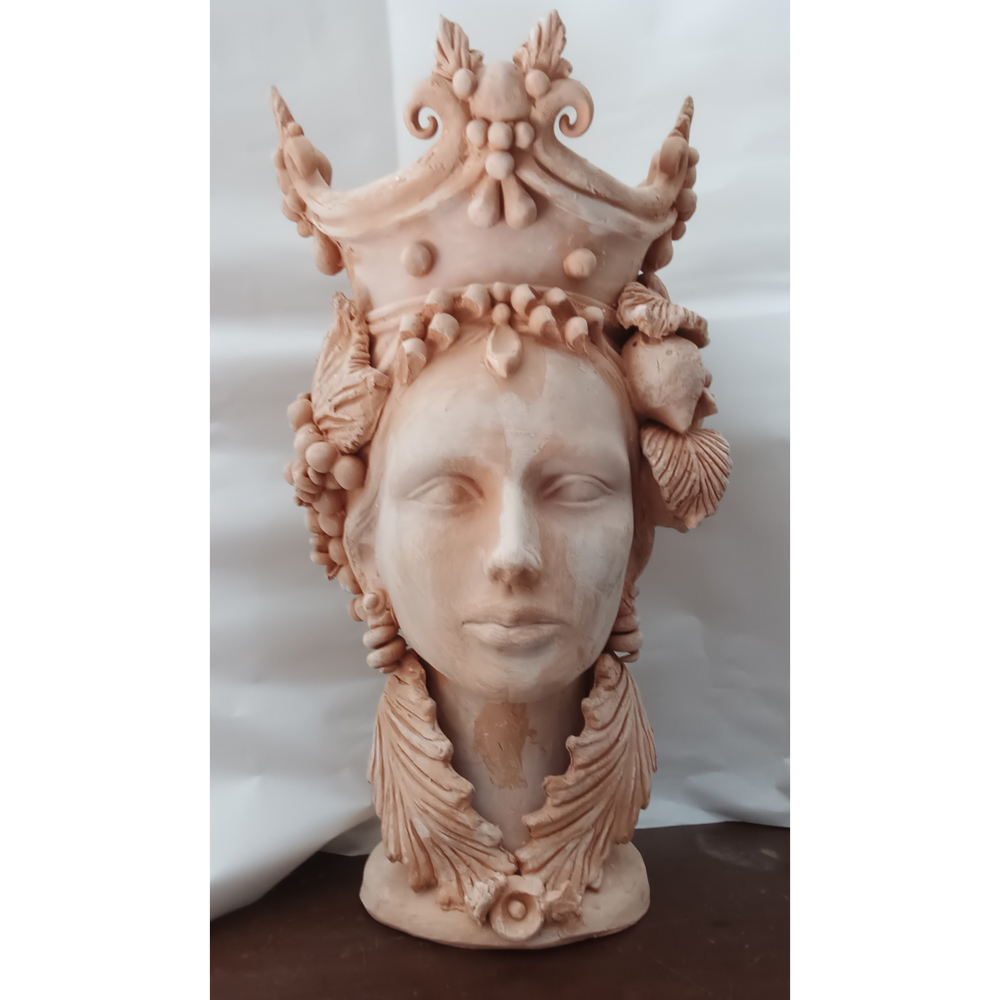 Testa di Moro Donna in Terracotta Fatta a Mano con Uva e foglie