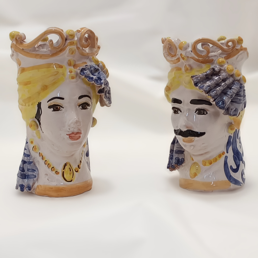 Teste di Moro Uomo o Donna Smaltata e Decorata Turbante Blu e Giallo