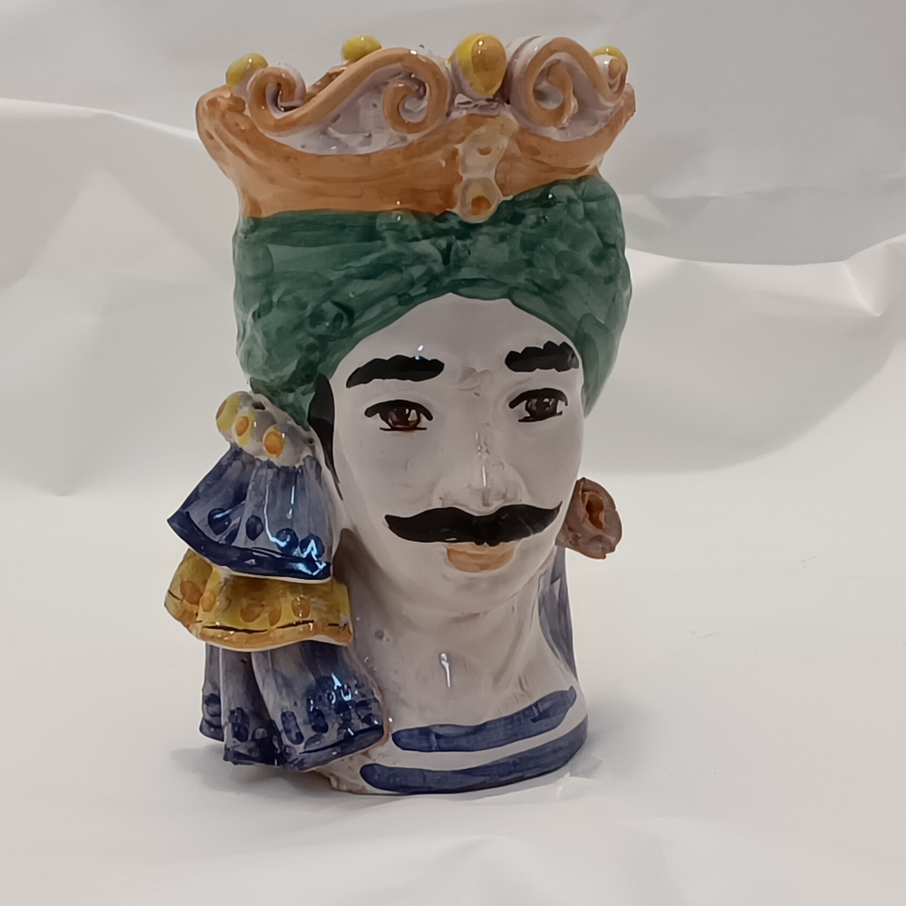 Testa di Moro Uomo Smaltata e Decorata con Turbante Verde e Blu